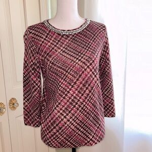 Talbots plaid cashmere sweater with jeweled neckline